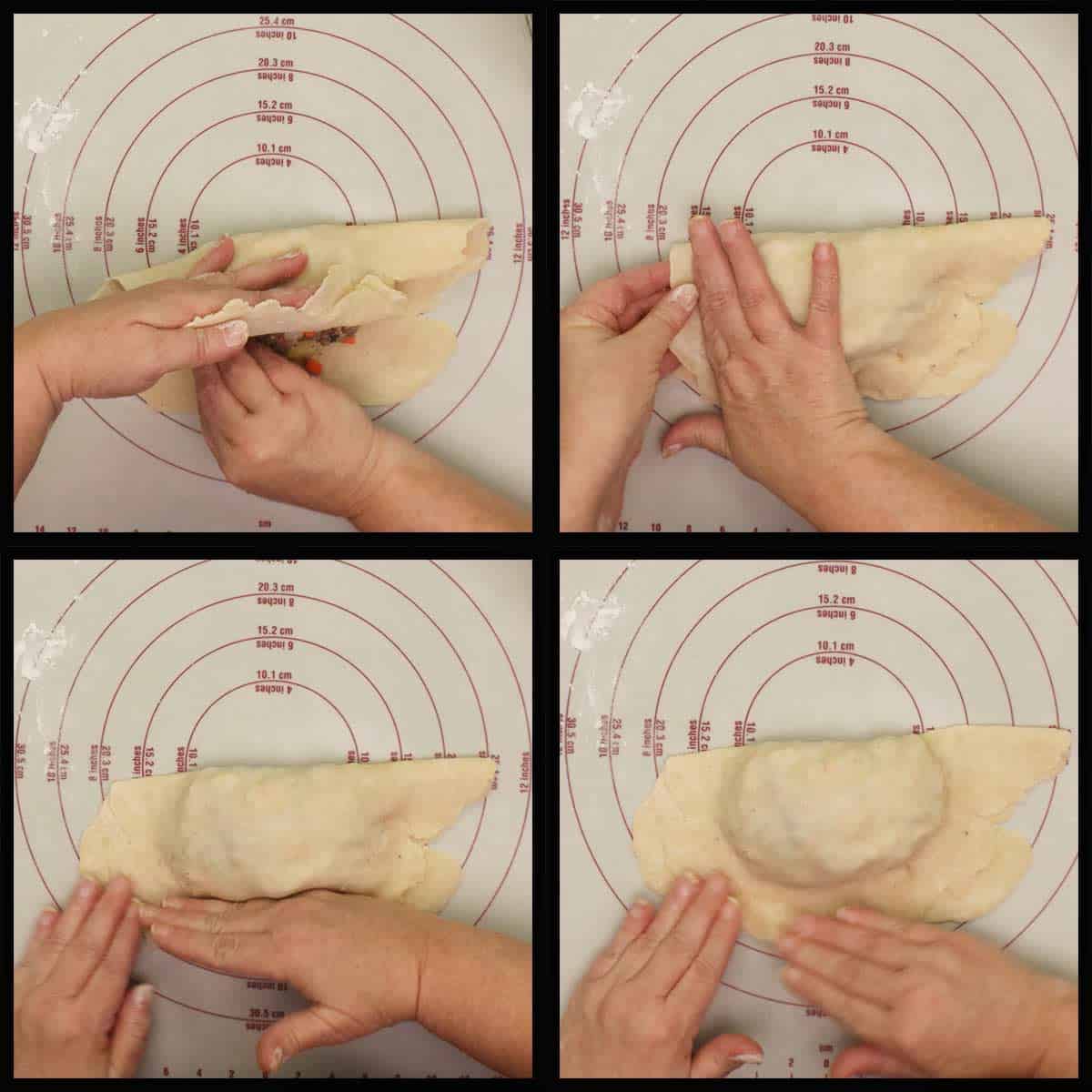 Sealing the pastry crust around the filling. 
