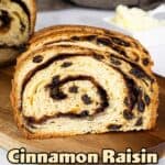 cinnamon raisin bread cut so the cinnamon swirl is showing.