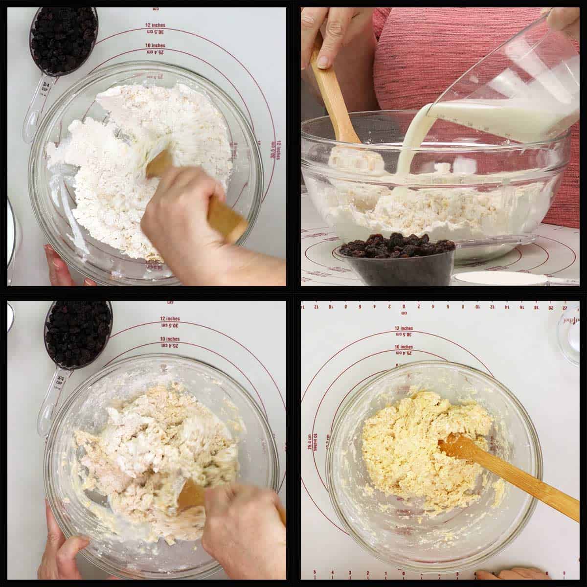 Adding the milk and mixing the dough in a mixing bowl. 