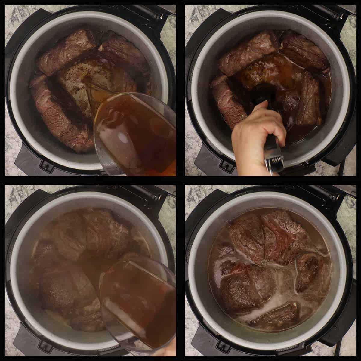 deglazing the pot after searing birria meat.