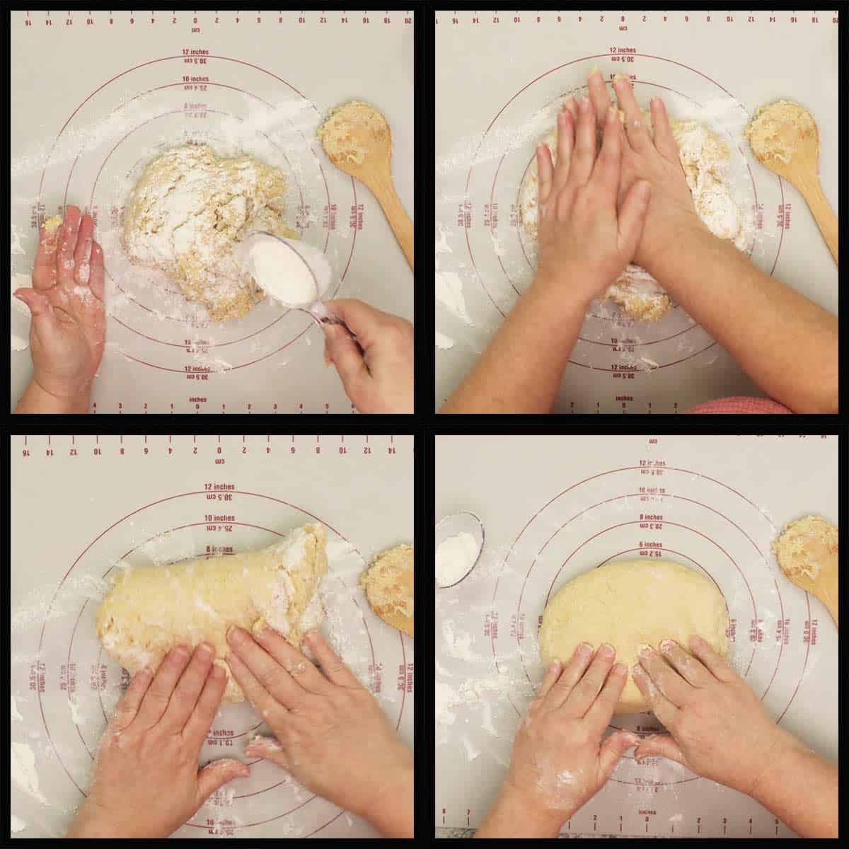 kneading the dough on a pastry mat.