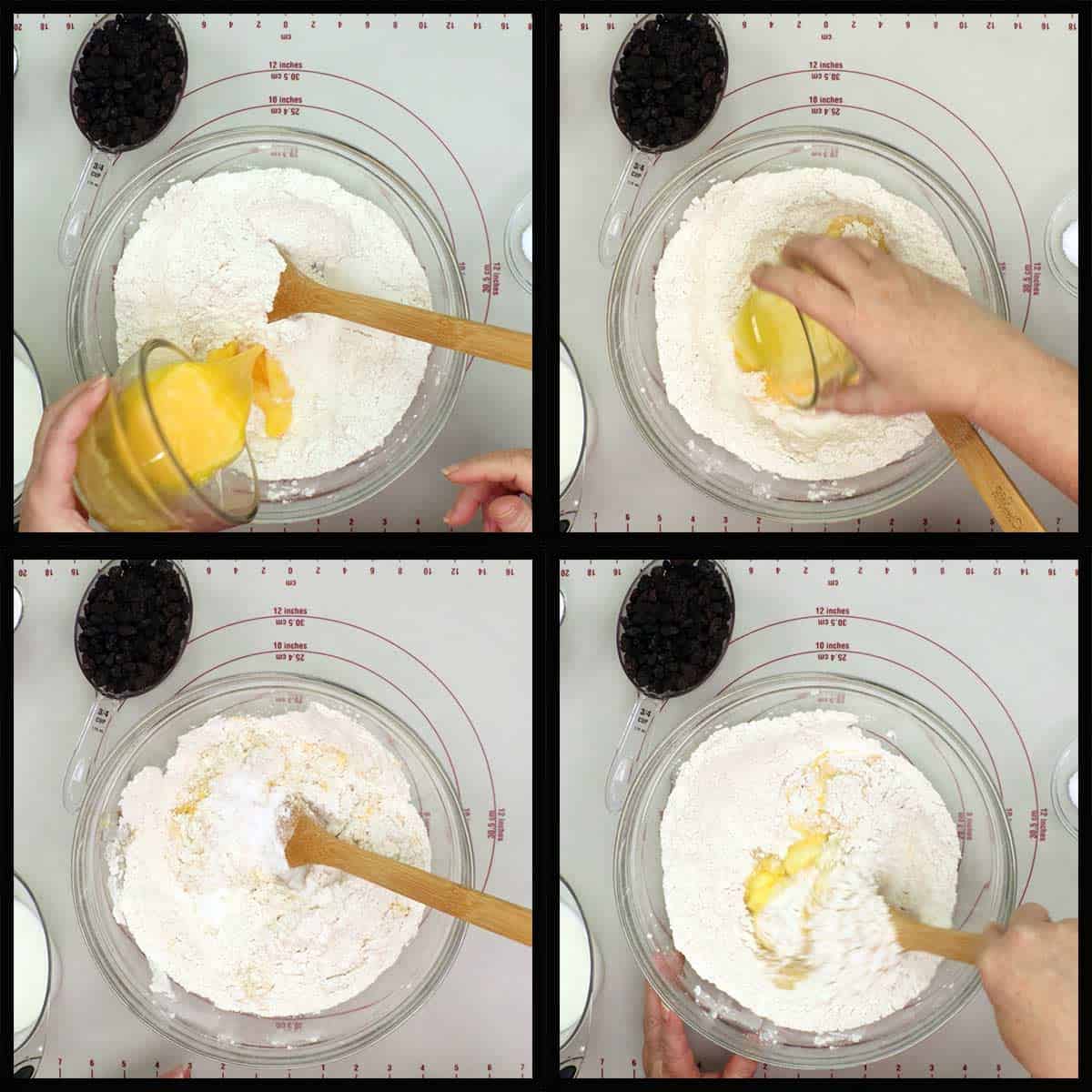Adding eggs and butter to flour to make cinnamon raisin bread dough.
