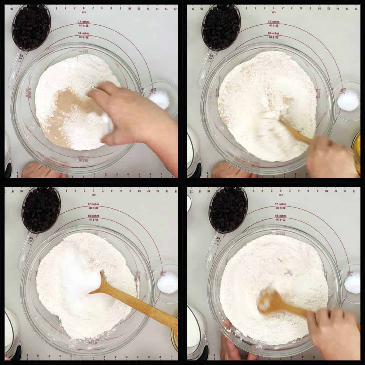 mixing yeast and sugar with flour for cinnamon raisin bread.