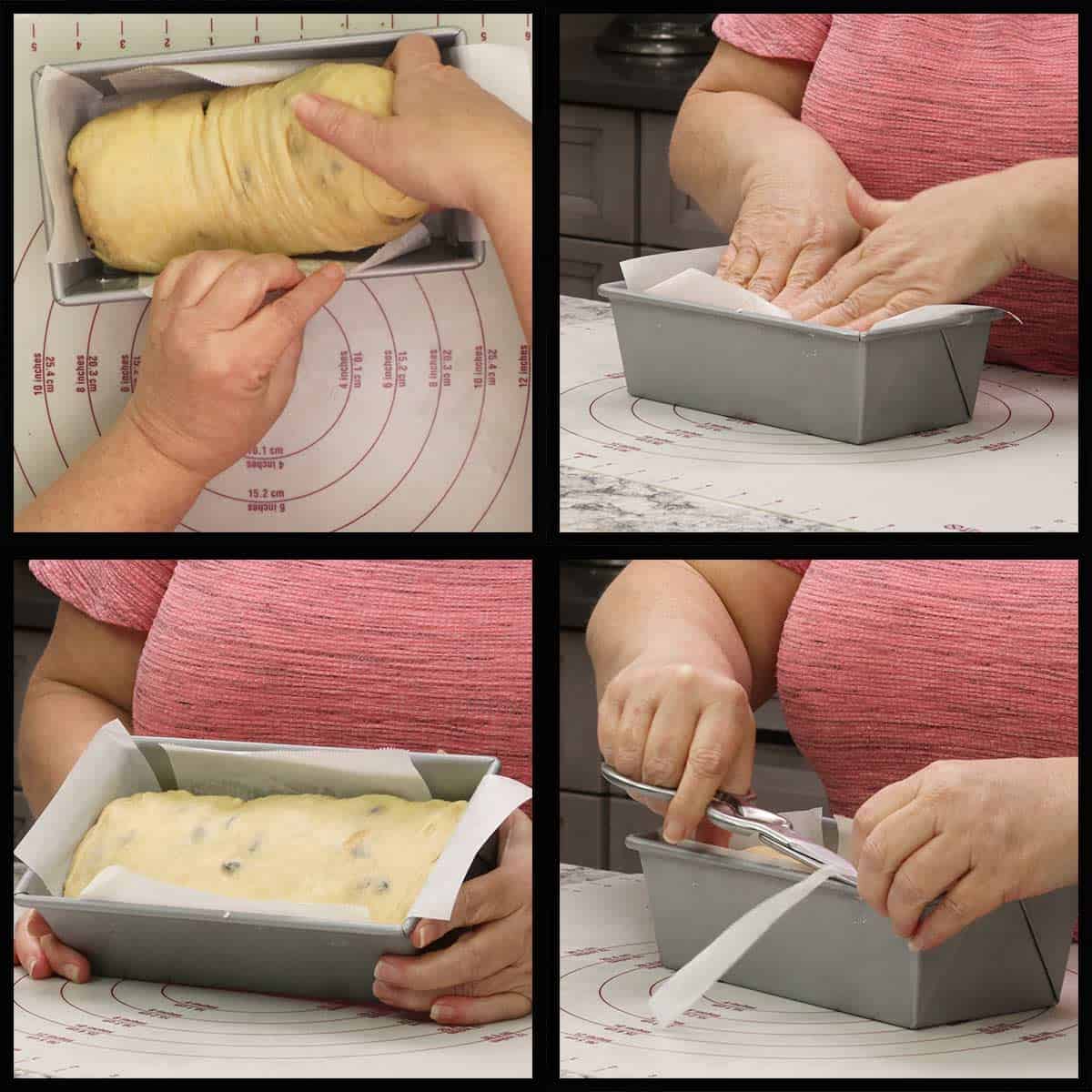 putting the dough into the loaf pan.