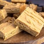 Peanut Butter blondies cut on serving tray.