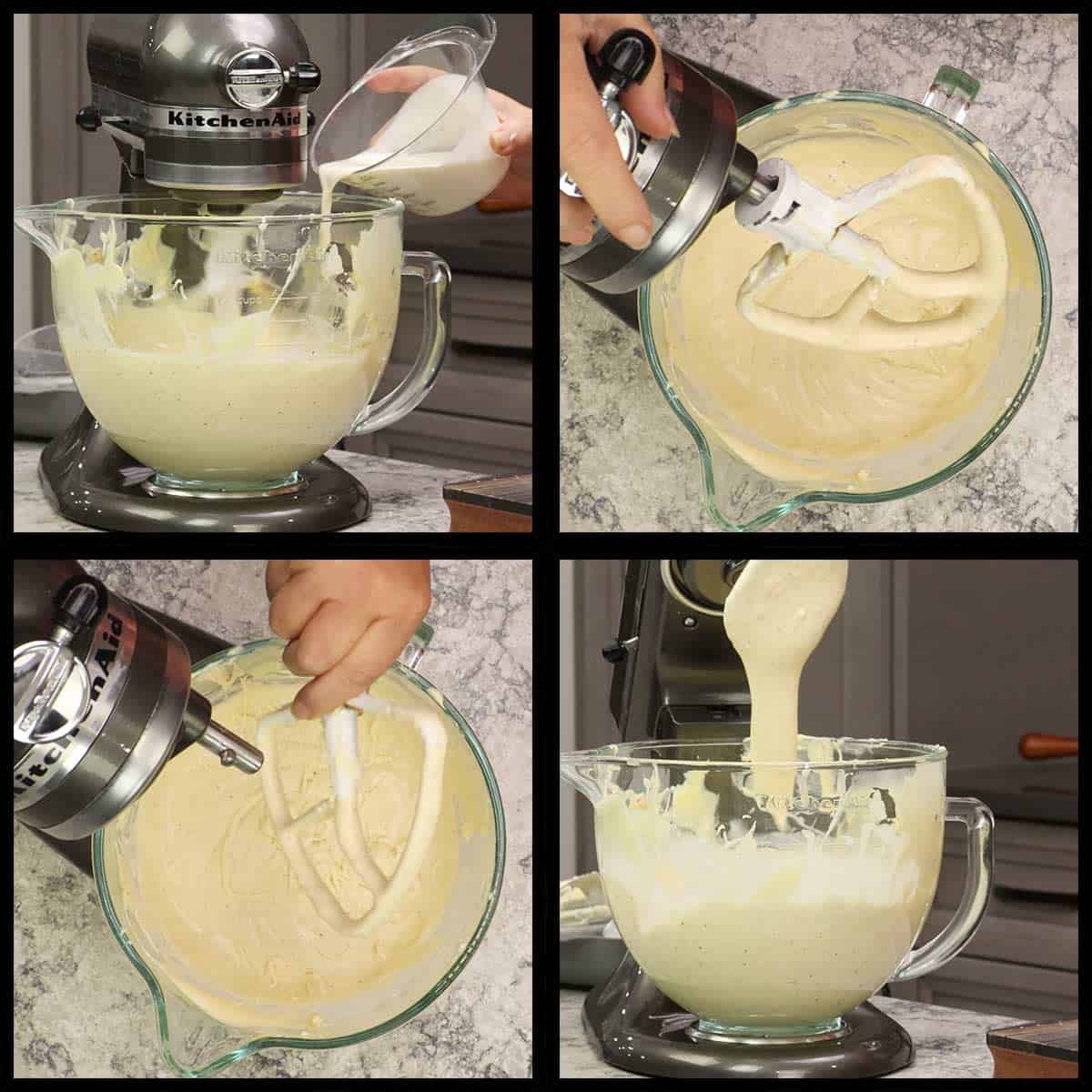 adding cream and showing the consistency of the cheesecake batter. 