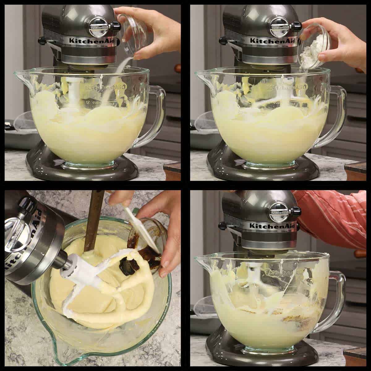 adding salt, flour, vanilla bean paste to cheesecake batter and mixing on low speed. 