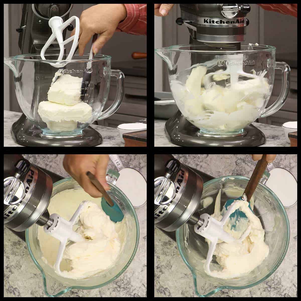 blending the cream cheese in a stand mixer.