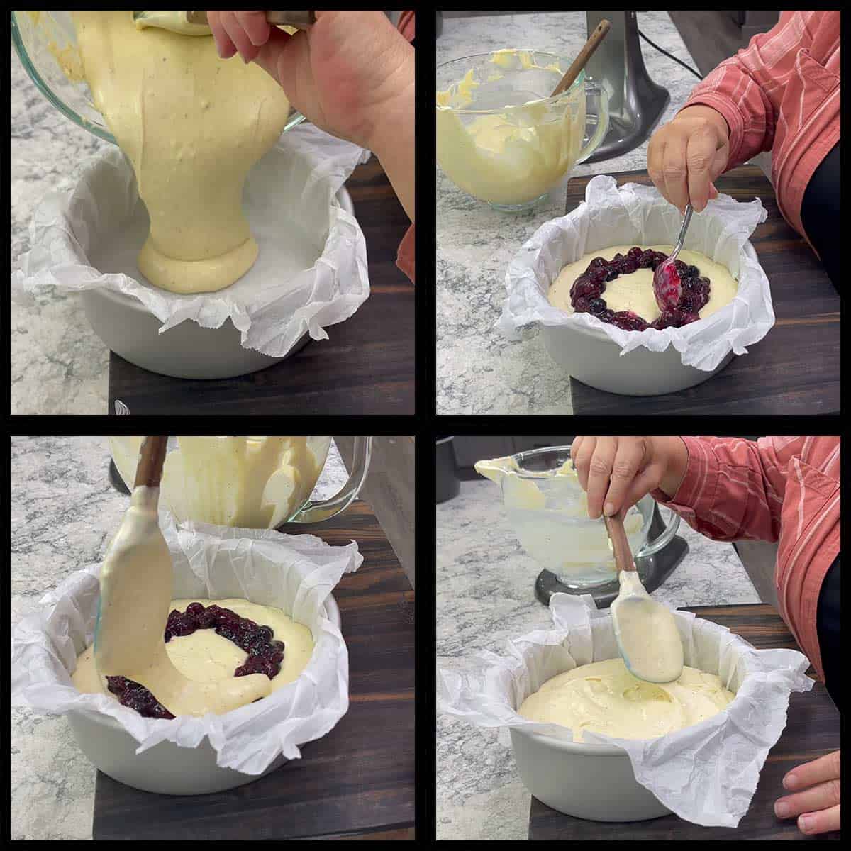 pouring batter and layering with blueberry filling.