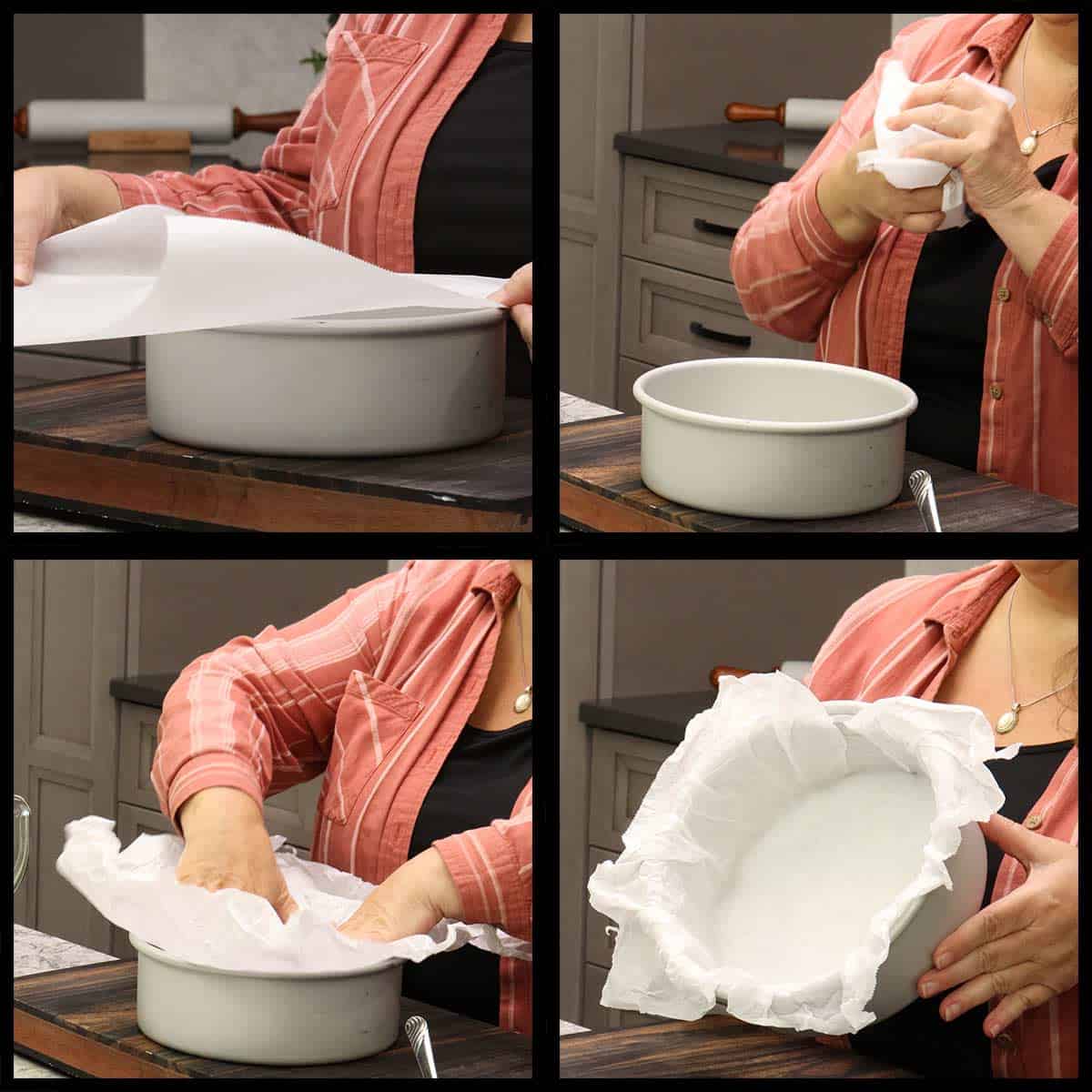 preparing the cake pan by lining it with parchment paper. 