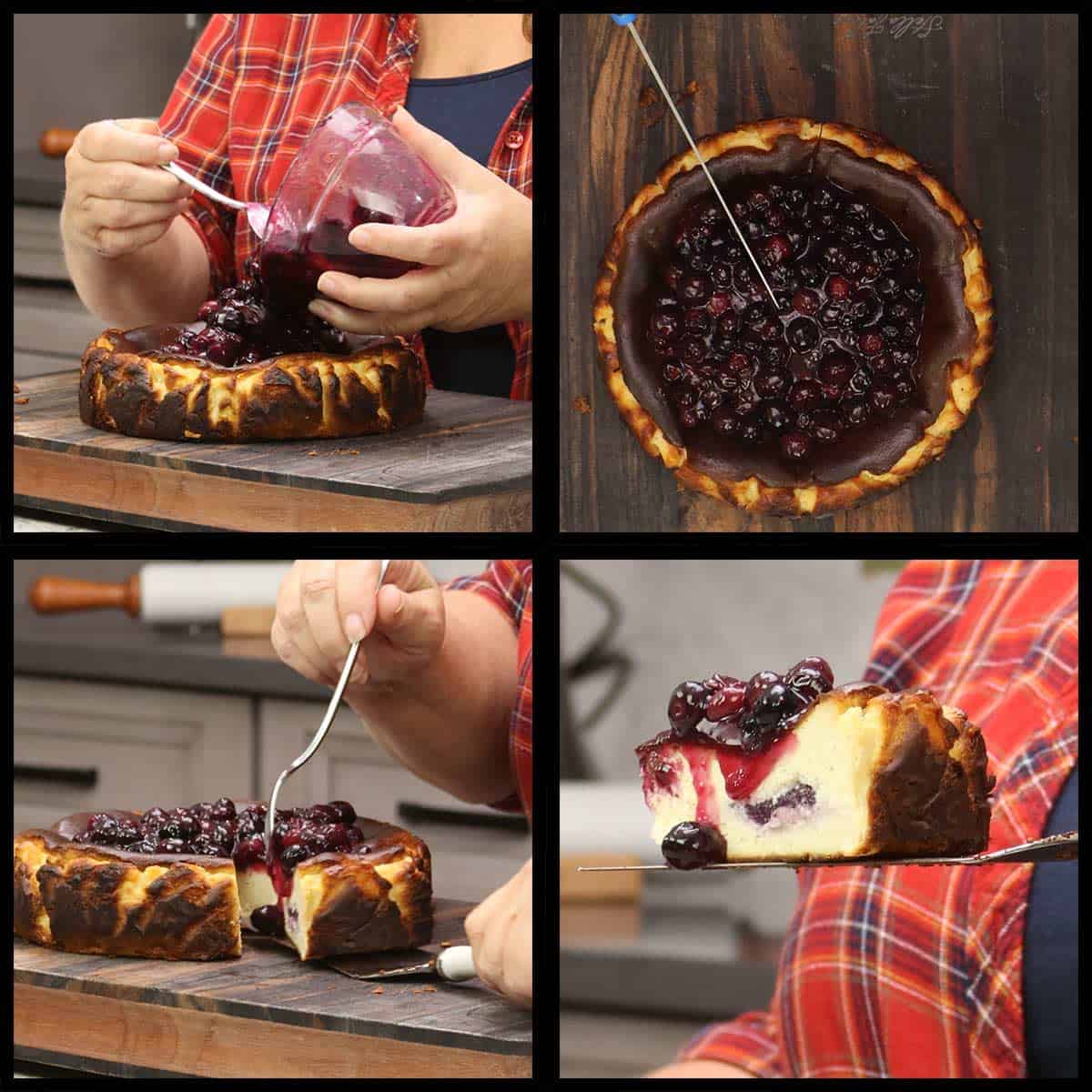 Topping the cheesecake with blueberry pie filling and slicing.