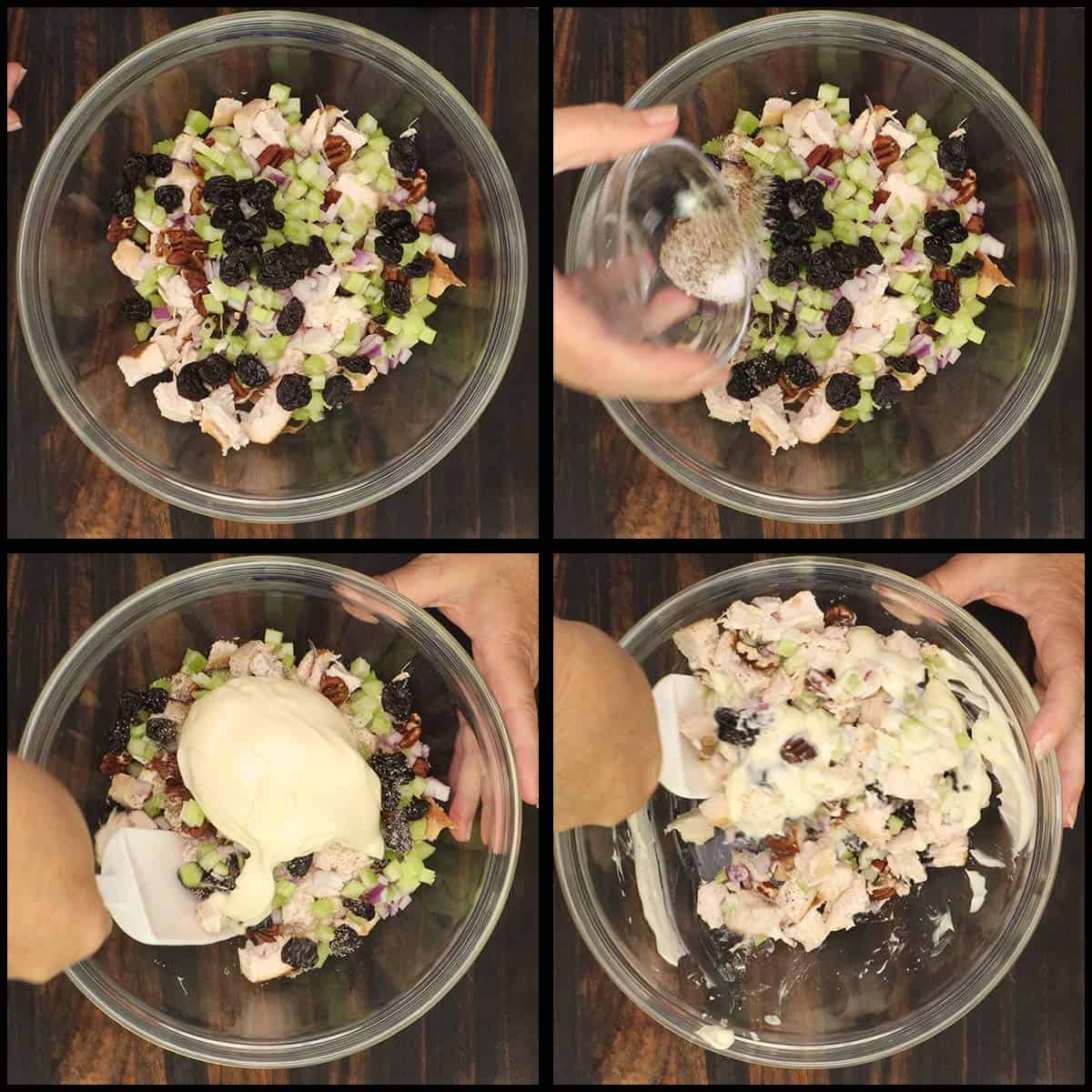 mixing up cherry chicken salad in a large bowl.