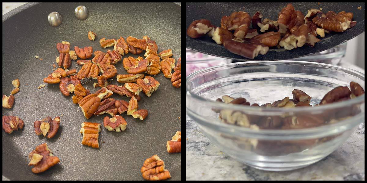 Toasting pecans for cherry chicken salad.