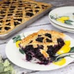 a piece of blueberry slab pie on a plate with the remaining tray of pie behind it.