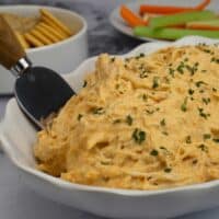 Chicken Buffalo Dip in a white bowl with crackers and vegetables behind it.