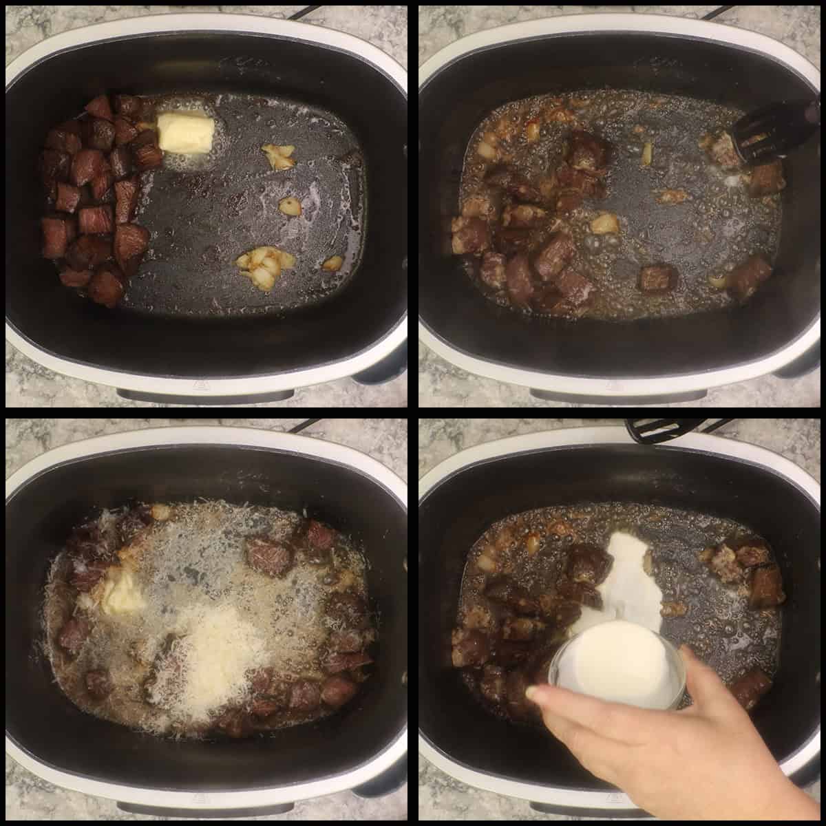 building the garlic parmesan sauce for steak bites.