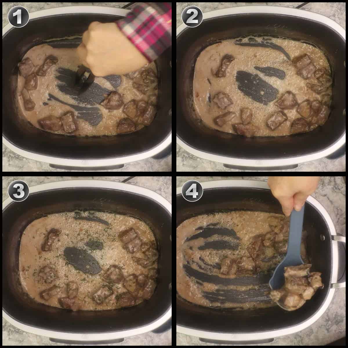 adding parsley and stirring sauce before serving.