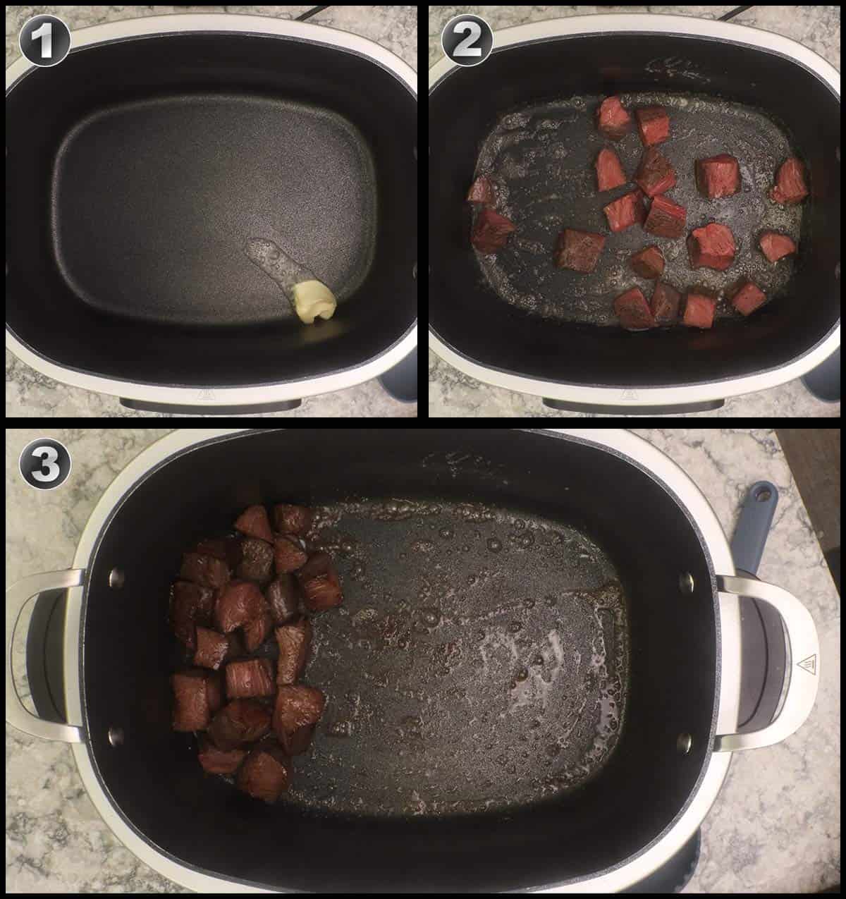 searing steak bites in Ninja Possible Cooker Pro
