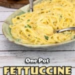 one-pot fettuccine alfredo on platter garnished with parsley.