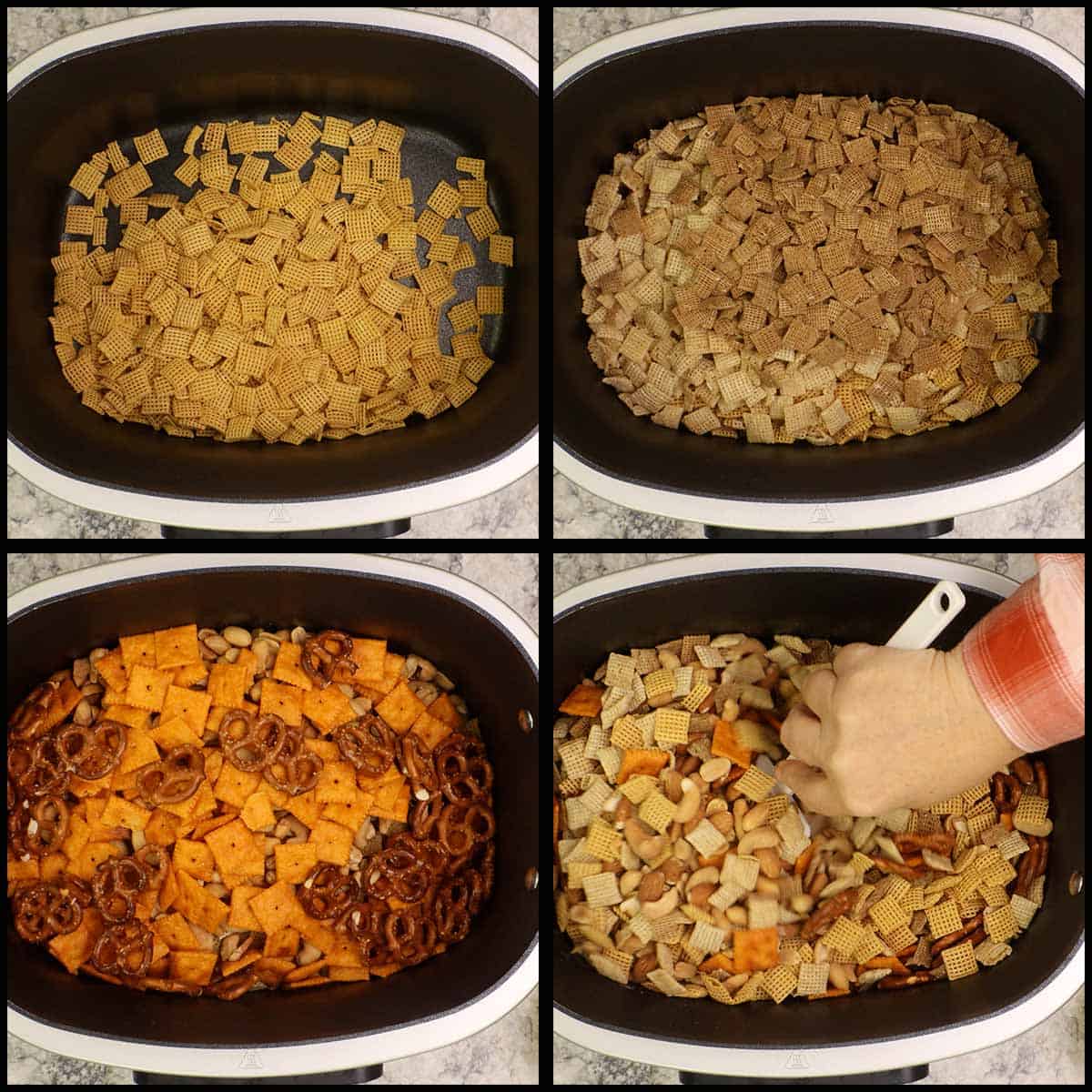 Mixing combination of Chex cereals, nuts and crackers in Ninja Foodi Possible Cooker Pro inner pot.