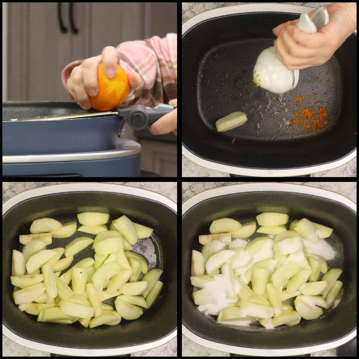 adding zest and juice of orange to the possible cooker with the apples. 
