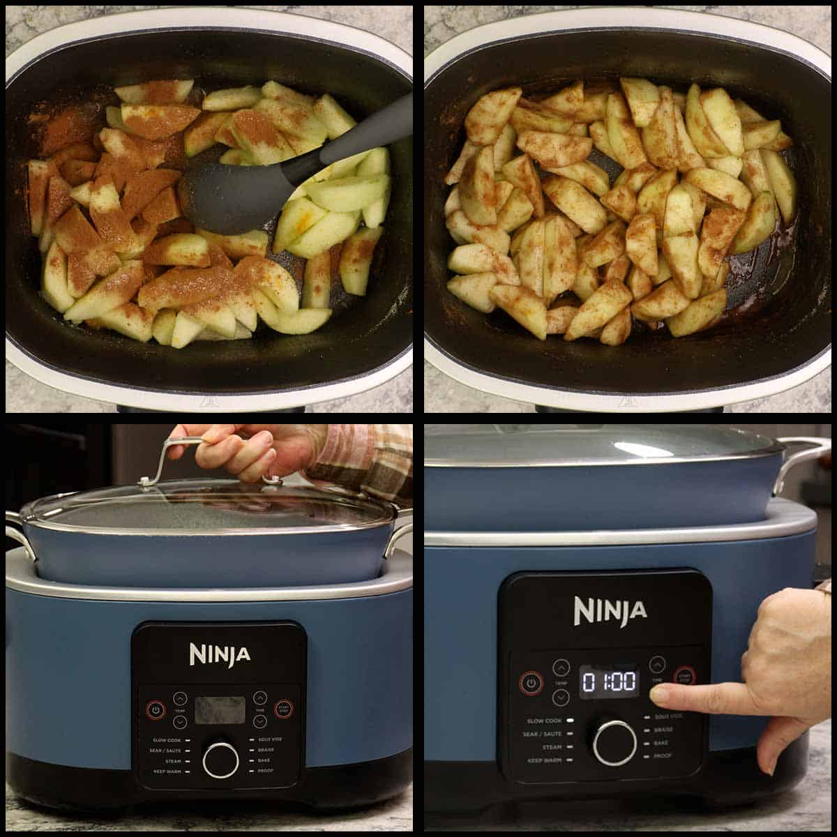 adding seasonings, stirring the apples and setting up the slow cooker. 