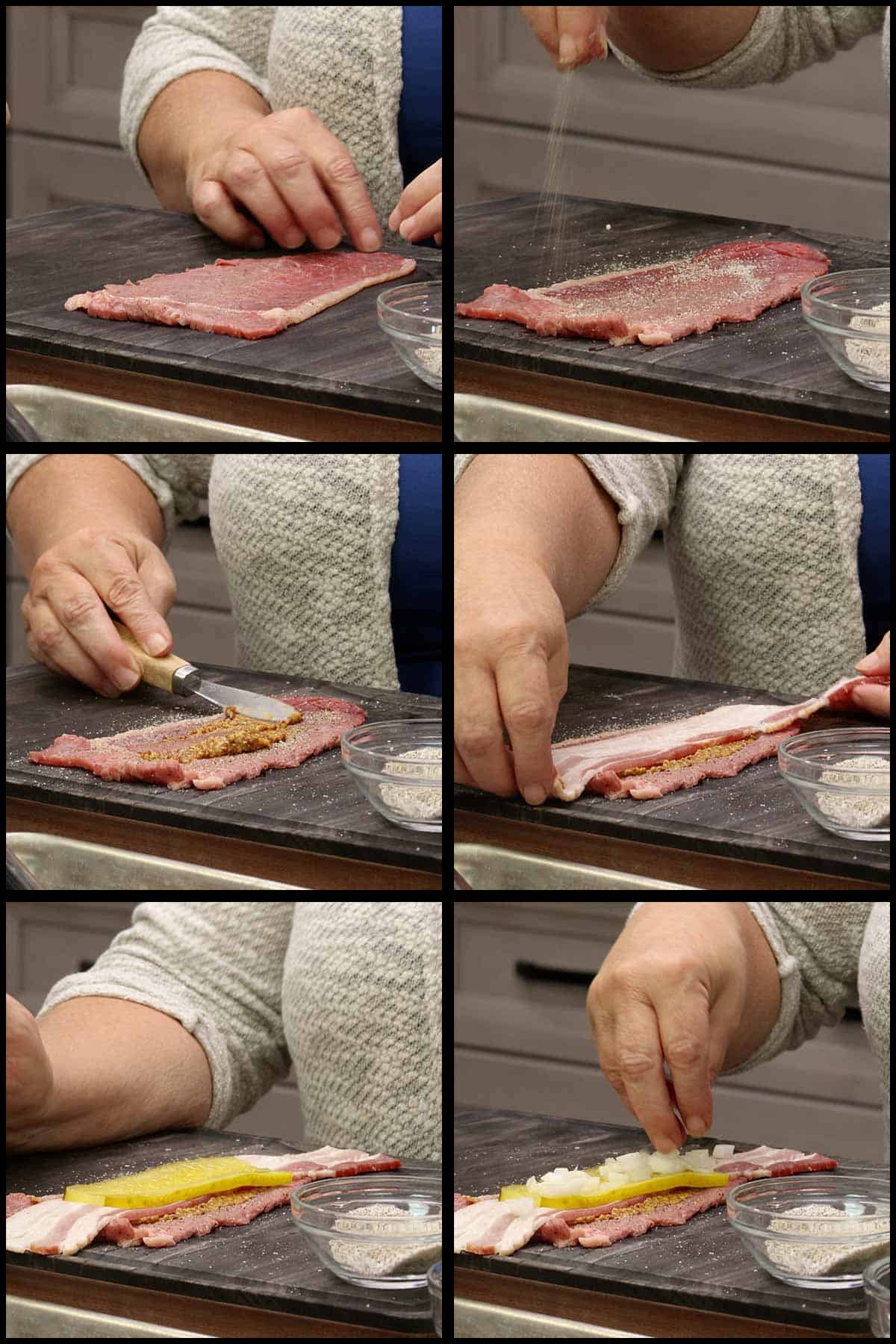 Assembling beef rouladen rolls on a cutting board with ingredients.
