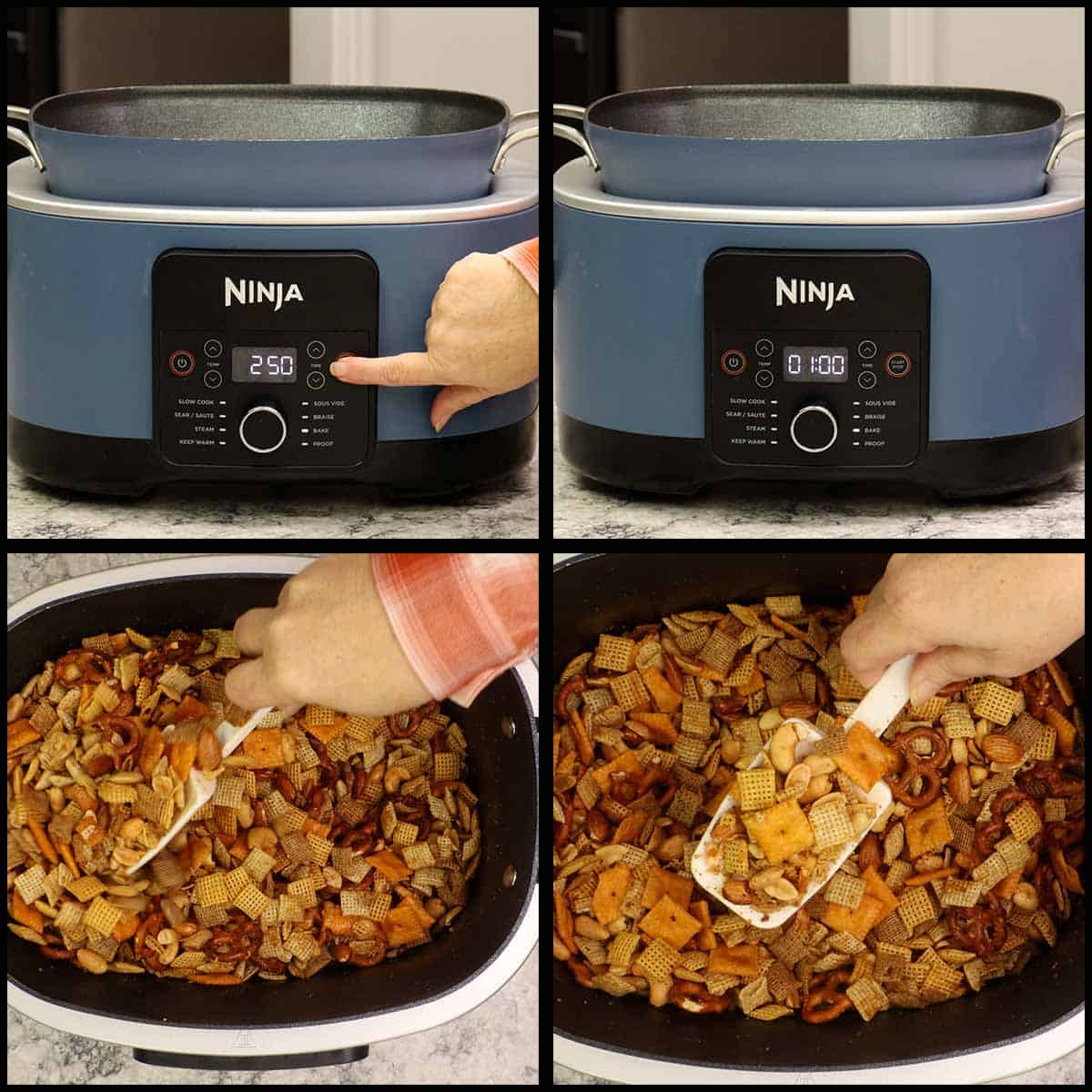 Chex Mix baking in Ninja Foodi Possible Cooker Pro with lid off, showing cereal pieces toasting.
