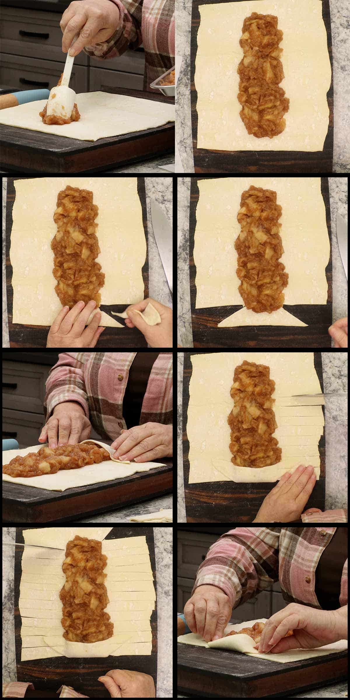 Filling the puff pastry with the apple filling.