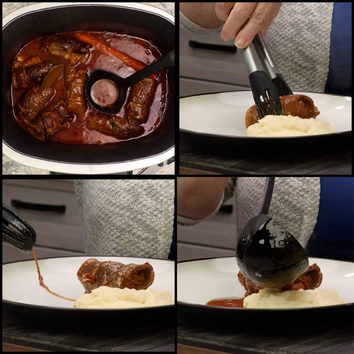 plating the beef rouladen on mashed potatoes and removing the string.