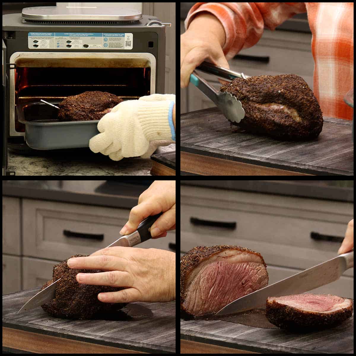 Slicing Picanha roast and showing medium rare inside.