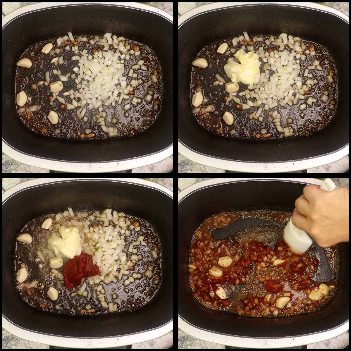 Building the roux and gravy base for beef rouladen.