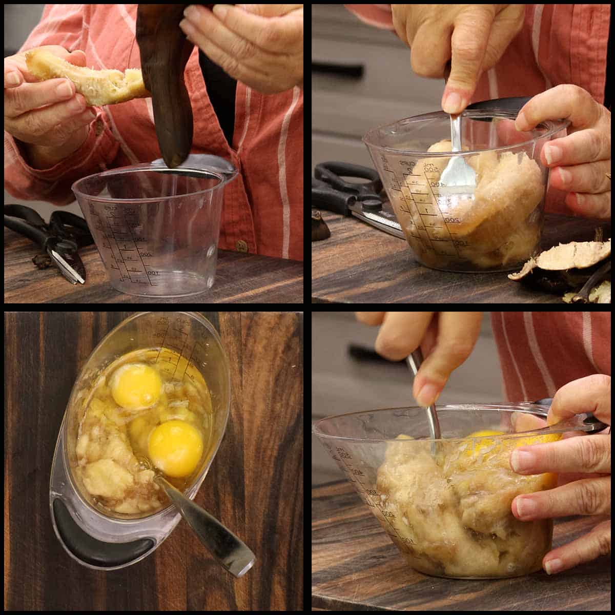 mixing eggs with bananas. 