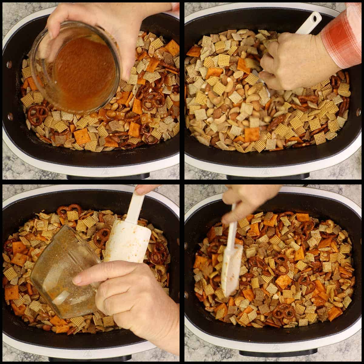 Stirring traditional Chex Mix with sauce coating in Possible Cooker Pro using rubber spatula.