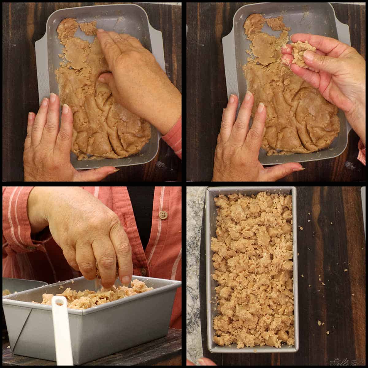 putting topping on banana bread.