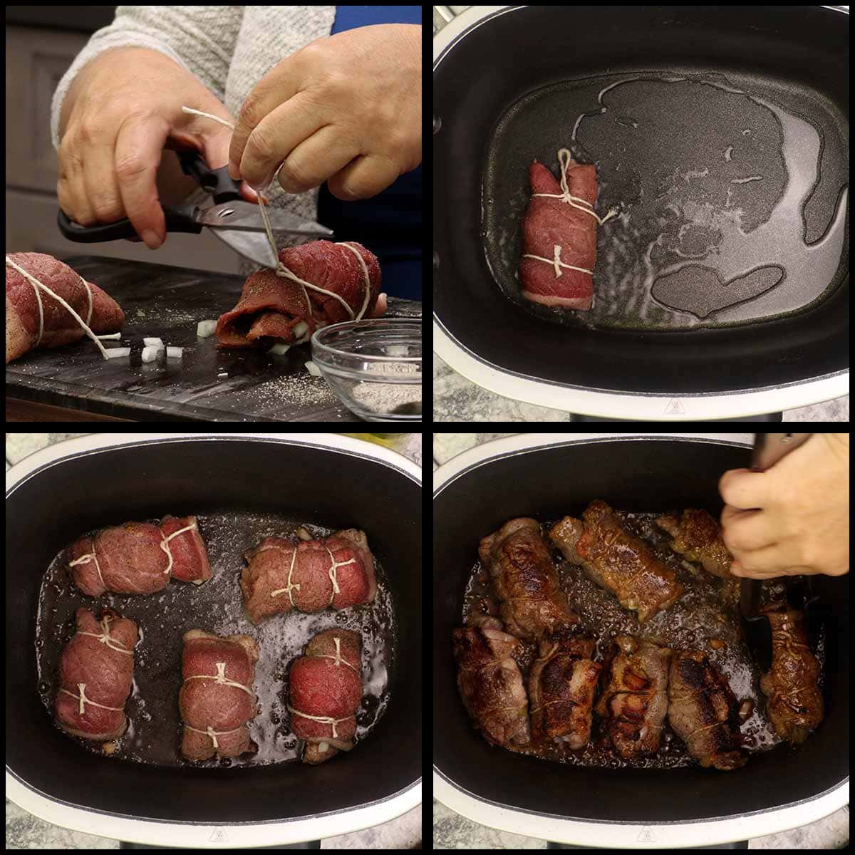 Searing the beef rouladen rolls in a Dutch oven.
