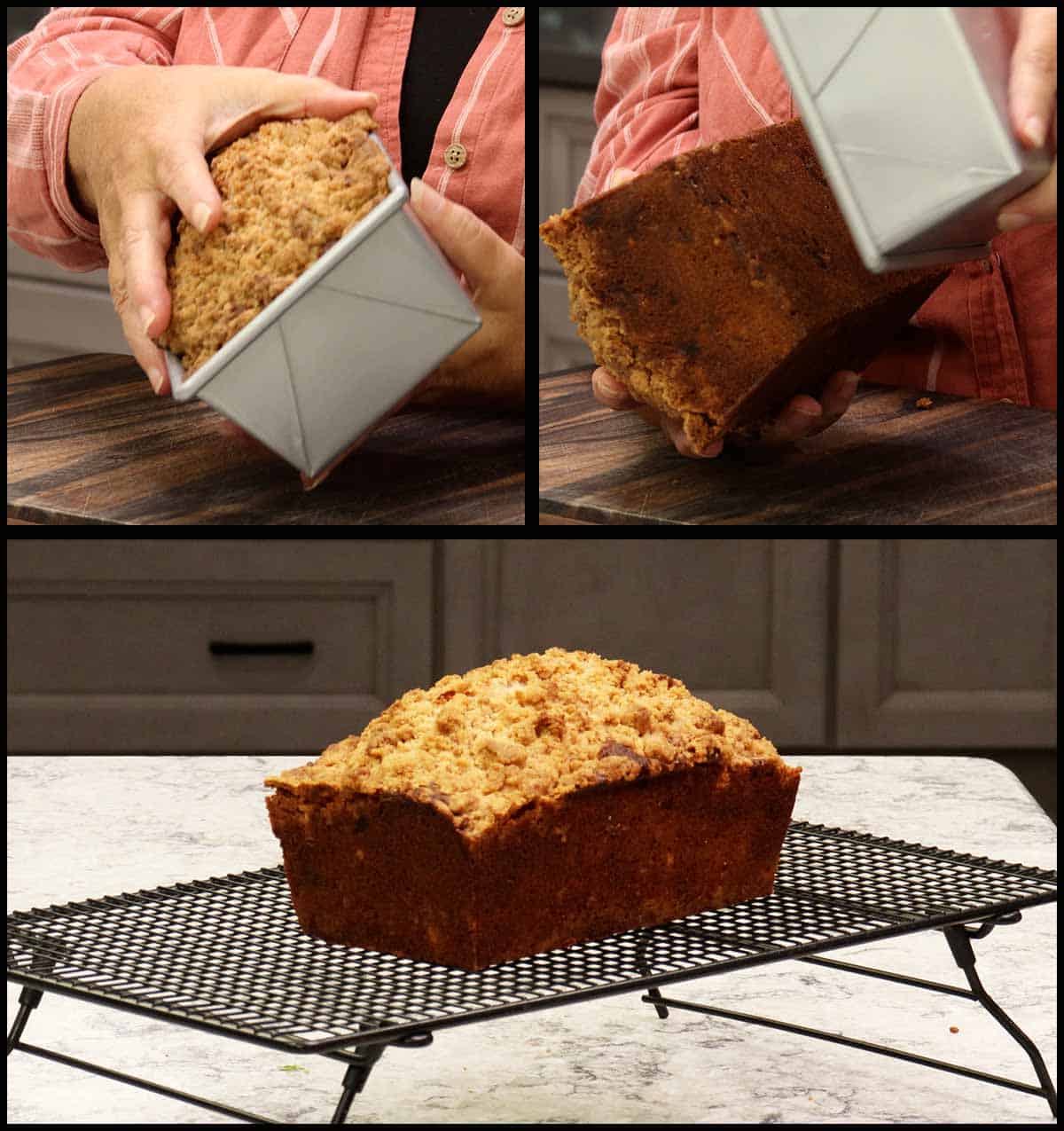 removing the banana bread from the loaf pan. 