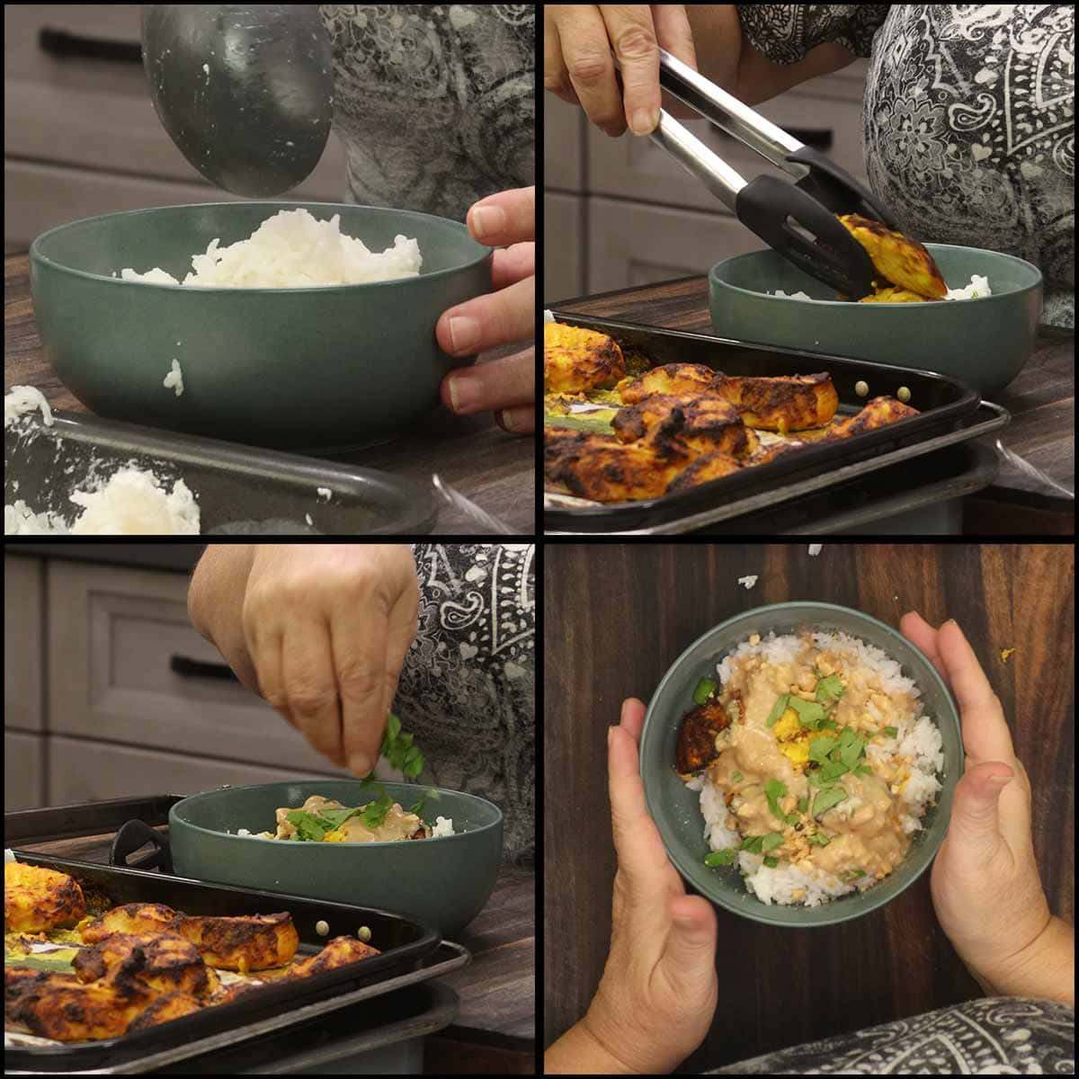 Building the chicken satay bowl.