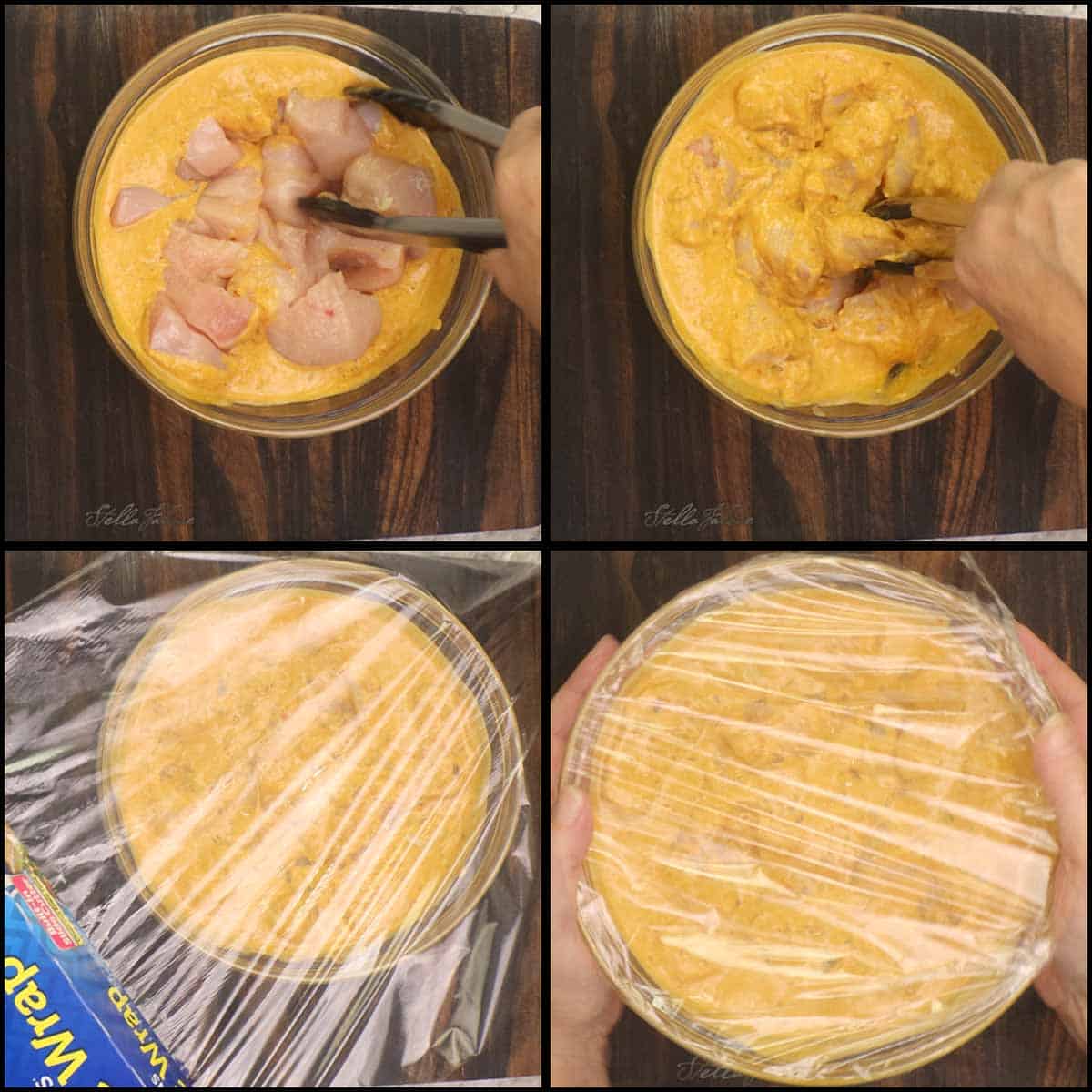 Chicken into marinade.