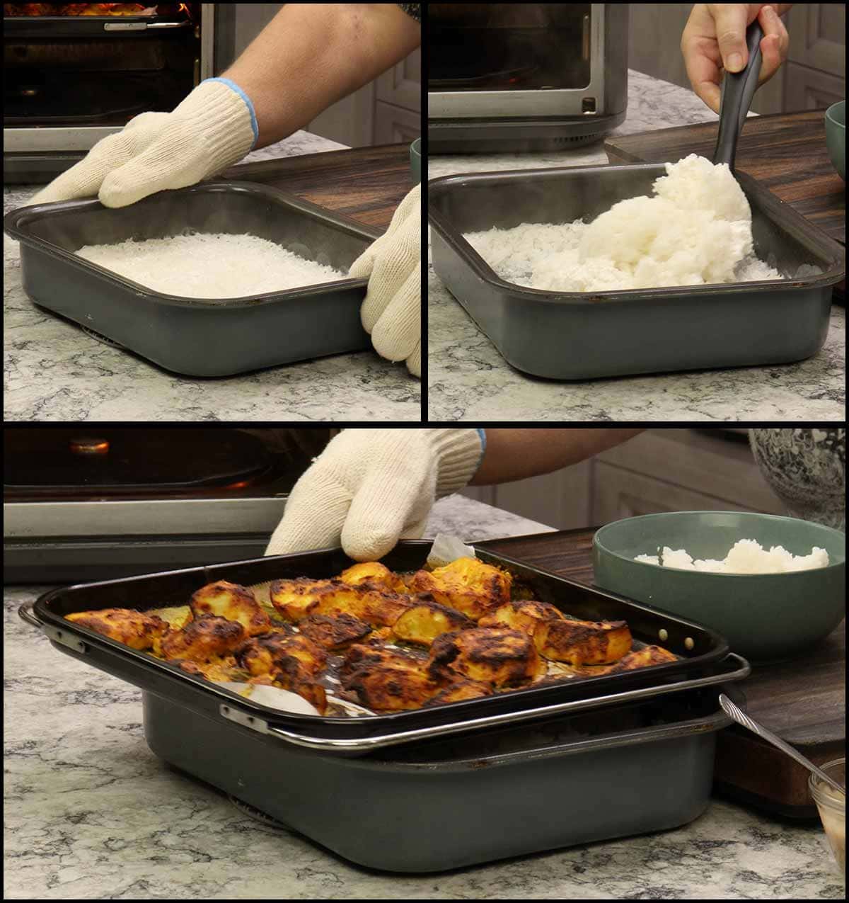 Removing the rice and chicken after cooking.