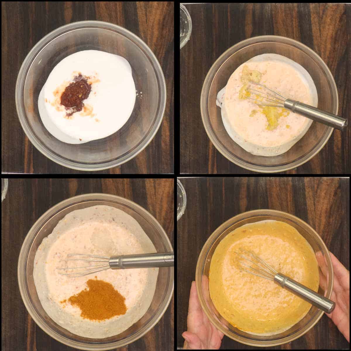 whisking marinade in mixing bowl.