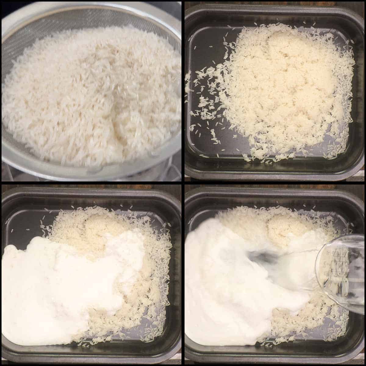 Adding the liquids to the rice.