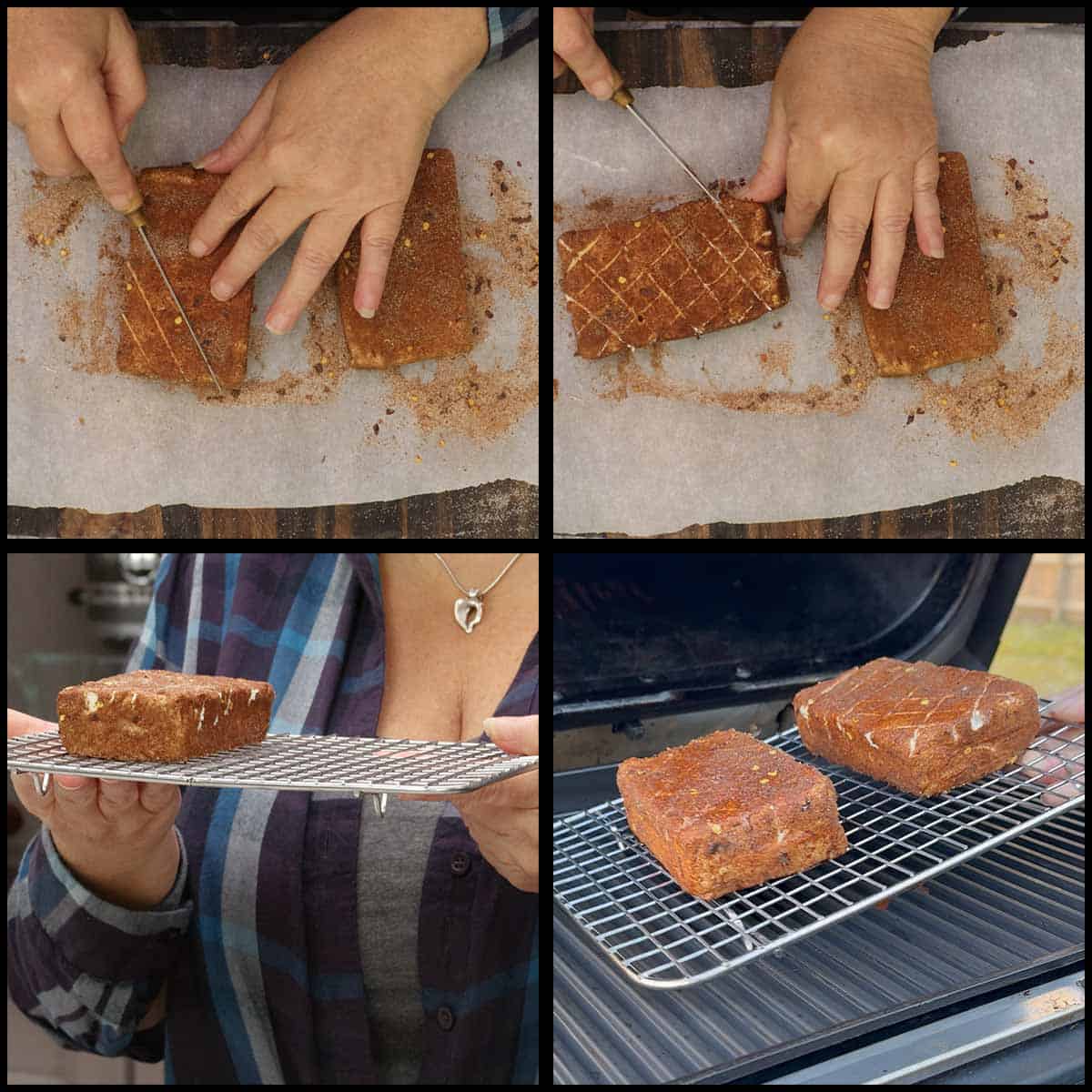 scoring the cream cheese before smoking it.
