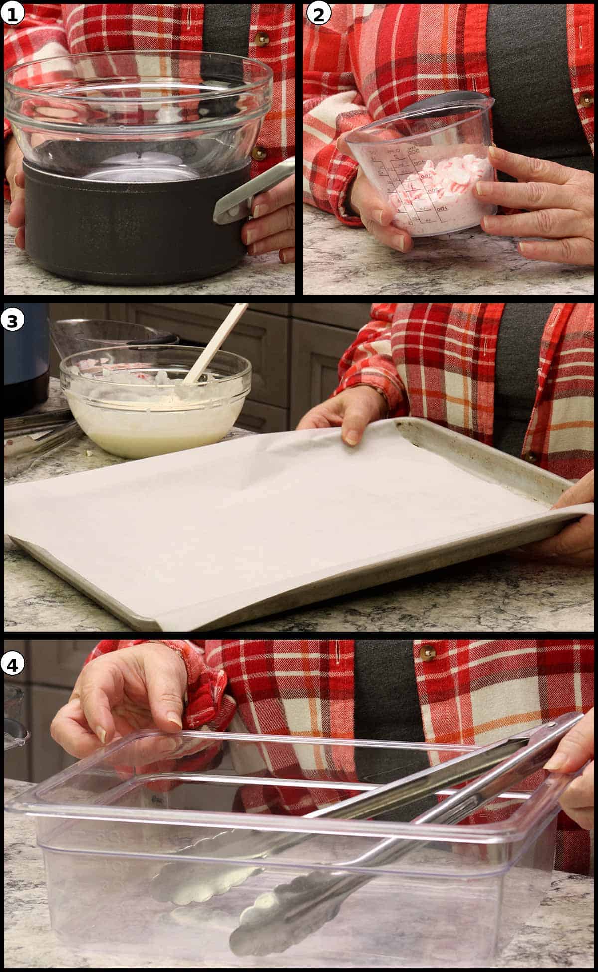 showing double boiler set up, crushed candies, and parchment lined tray.