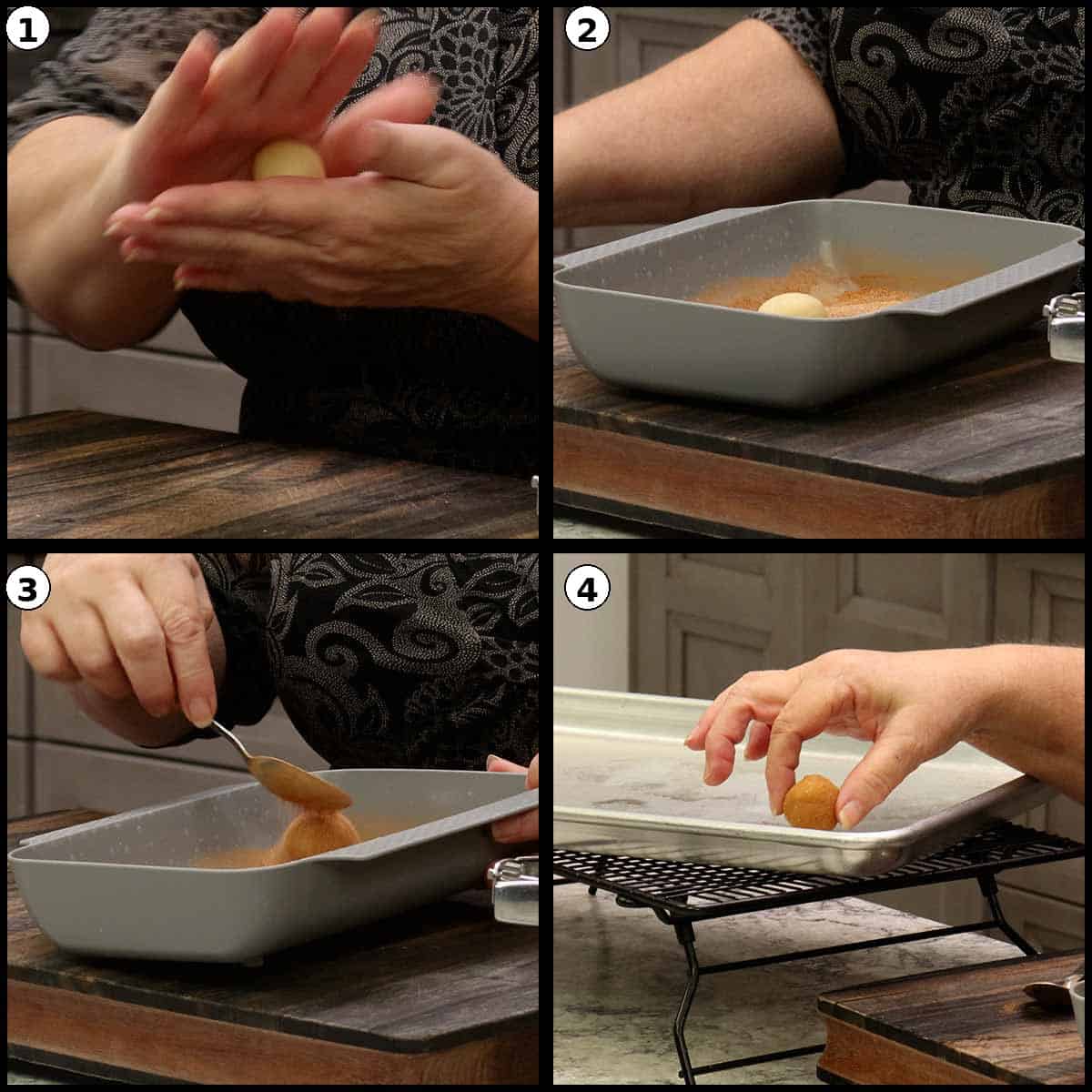 Rolling the dough into balls and coating in cinnamon sugar.