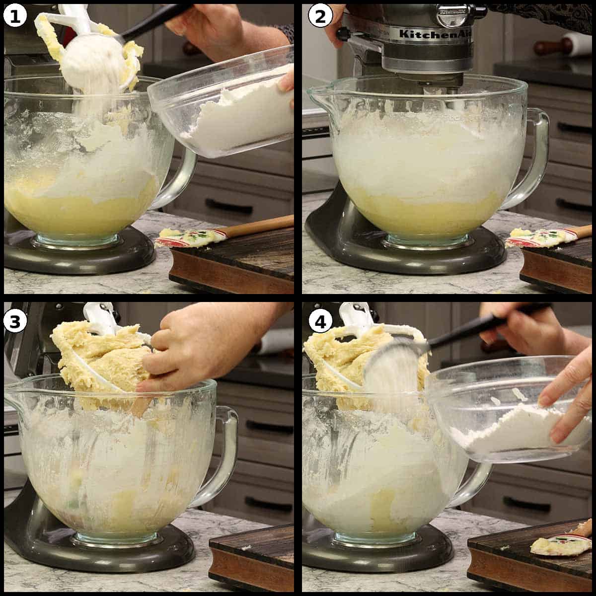 Mixing dry ingredients into wet batter.