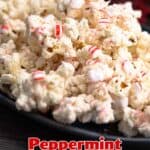 Peppermint Popcorn on a blue platter.