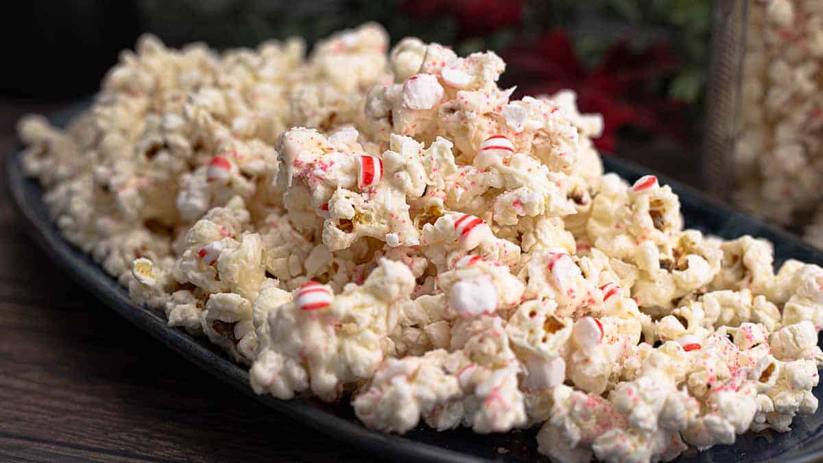 Peppermint Popcorn on a blue platter.