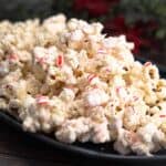 Peppermint Popcorn on a blue platter.