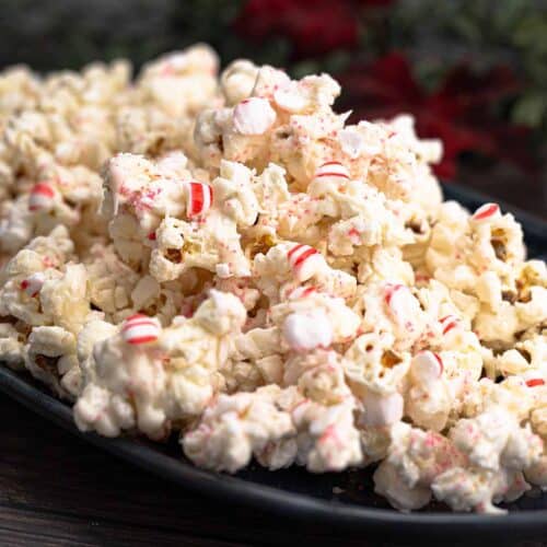 Peppermint Popcorn on a blue platter.